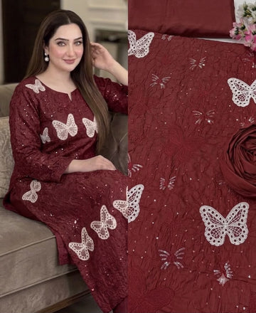 2pc emb- L26- butterfly  maroon red
